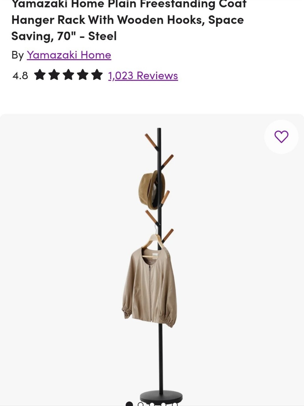 Yamazaki Black Metal Coat Stand with Natural Wood Hooks